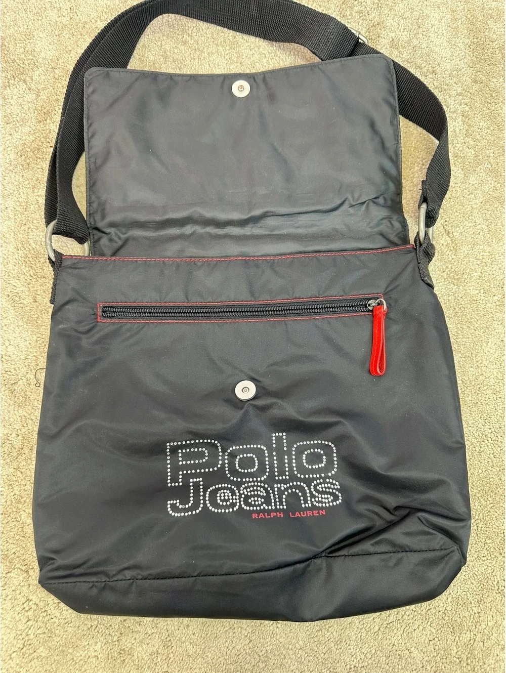 Polo Ralph Lauren Rhinestone Bling Nylon Messenger Bag Adjustable Strap Vintage